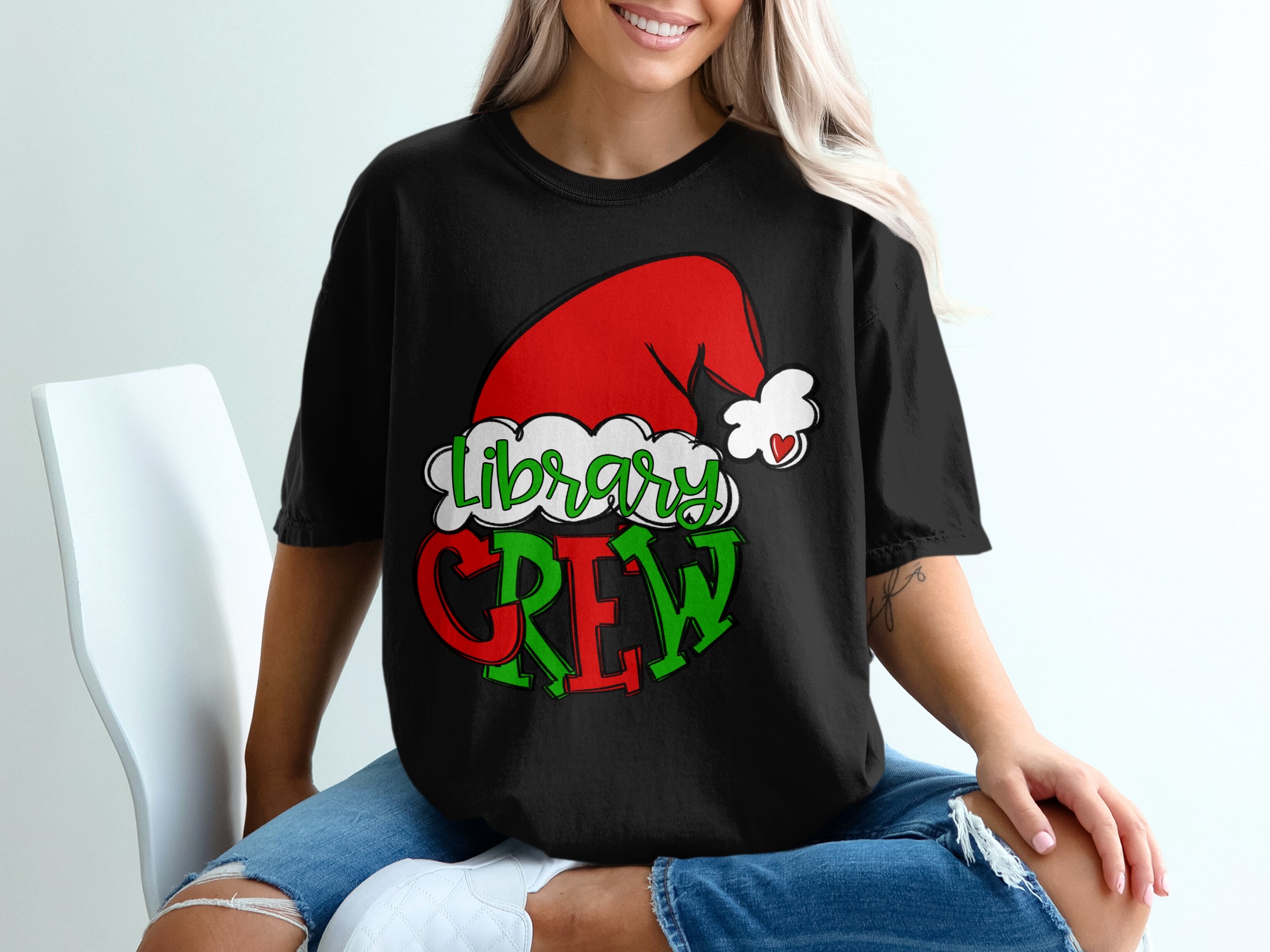 Library Crew Christmas T-Shirt, Santa Hat Librarian Tee, Holiday Reading Gift, Book Lover Shirt, Librarian Appreciation, Teacher Christmas - Image 2