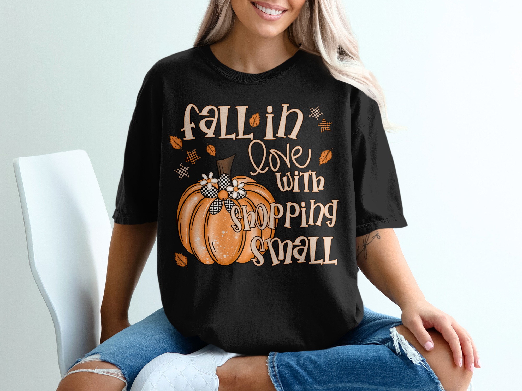 Fall in Love T-Shirt, Shopping Small Shirt, Pumpkin Shirt, Autumn Leaves Tee, Trendy Fall T-Shirt, Thanksgiving Gift, Halloween Shirt - Image 2