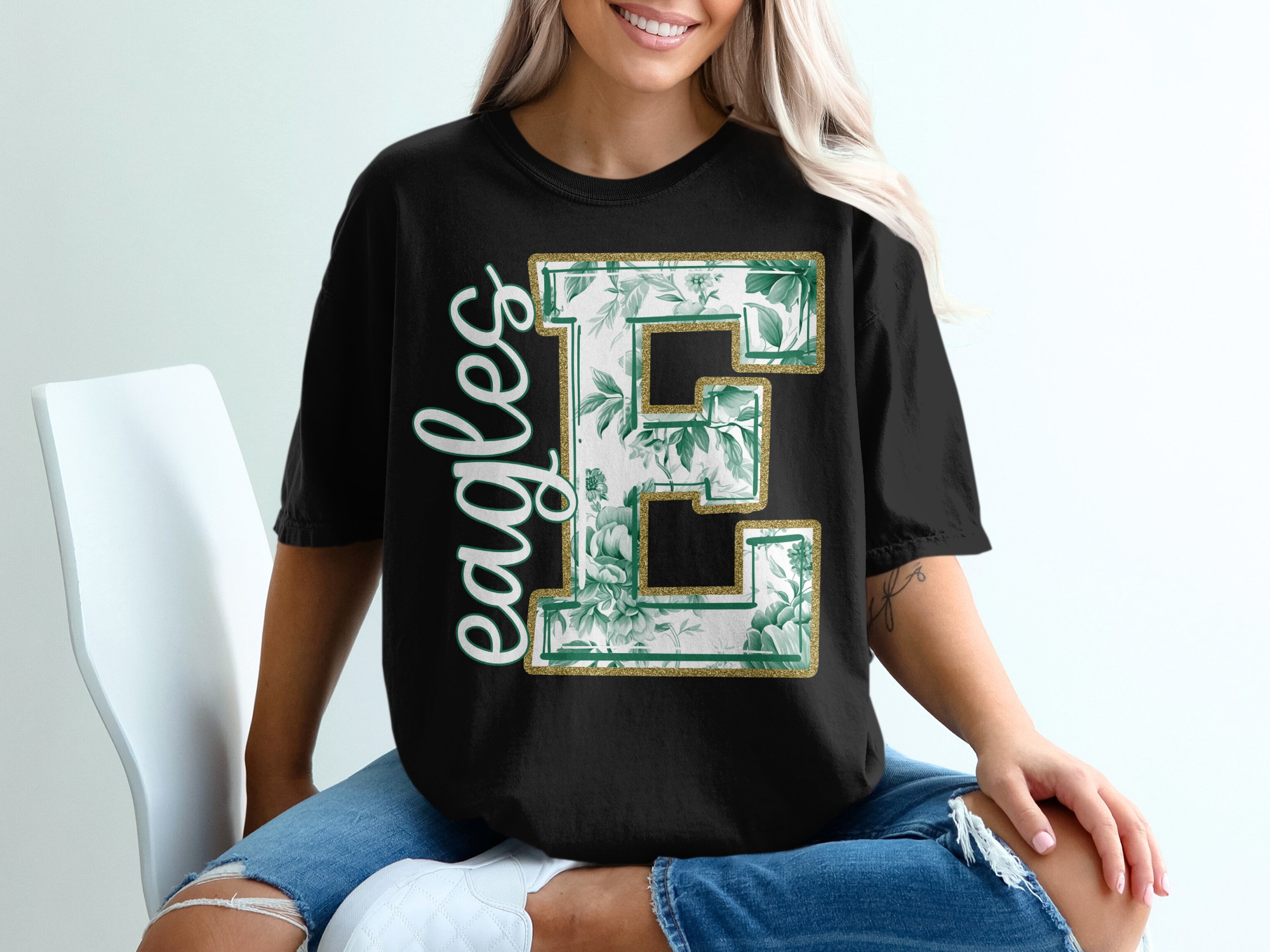 Eagles T-Shirt, Letter E Floral, Team Spirit Shirt, School Pride Tee, Personalized Gift, Unique Graphic Tee, Trendy TShirt, Varsity Tee - Image 2