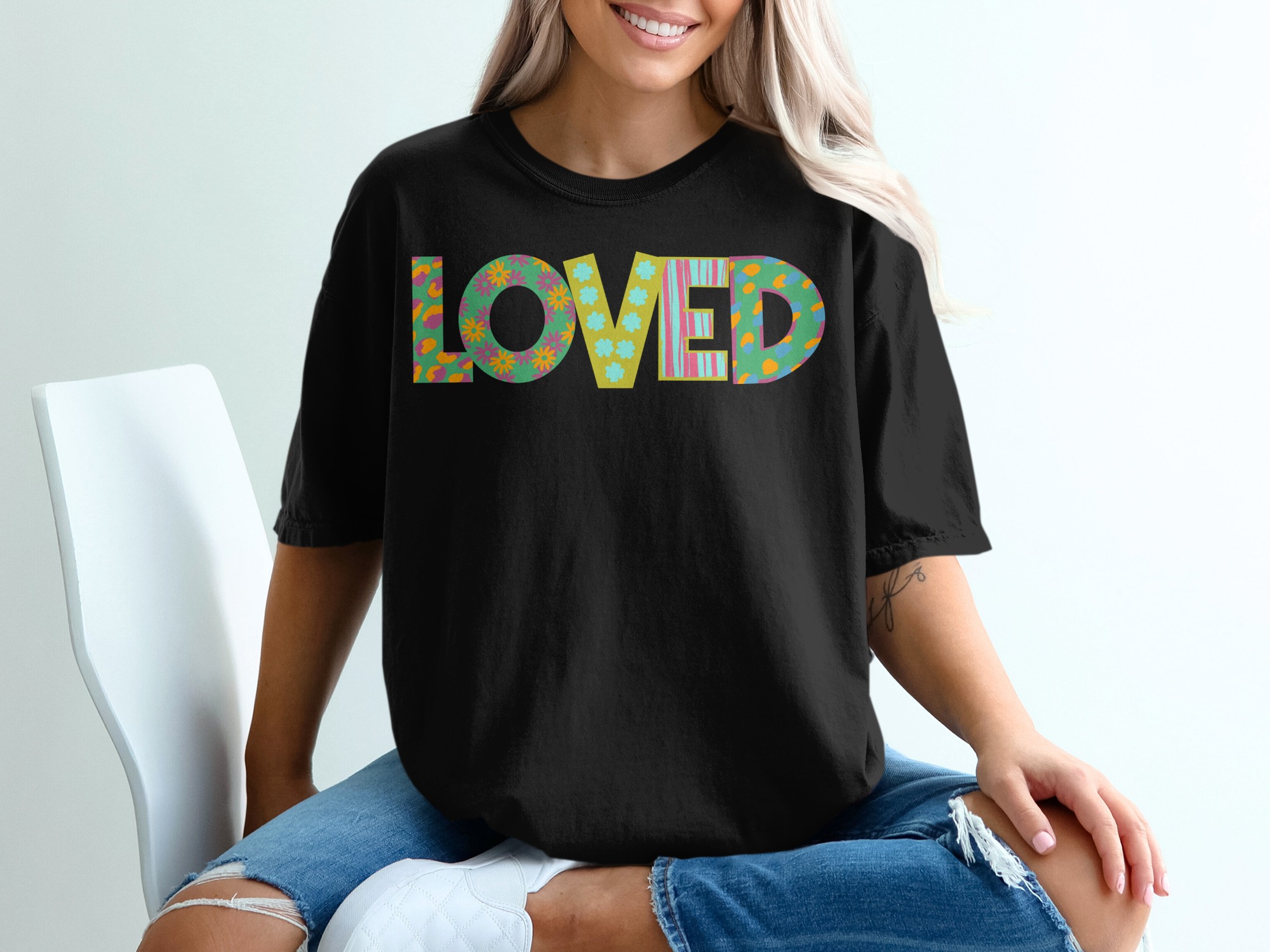 Loved T-Shirt, Floral Pattern, Positive Vibes, Trendy T-Shirt, Gift Idea, Stylish Tee, Unique Design, Graphic T-Shirt - Image 2