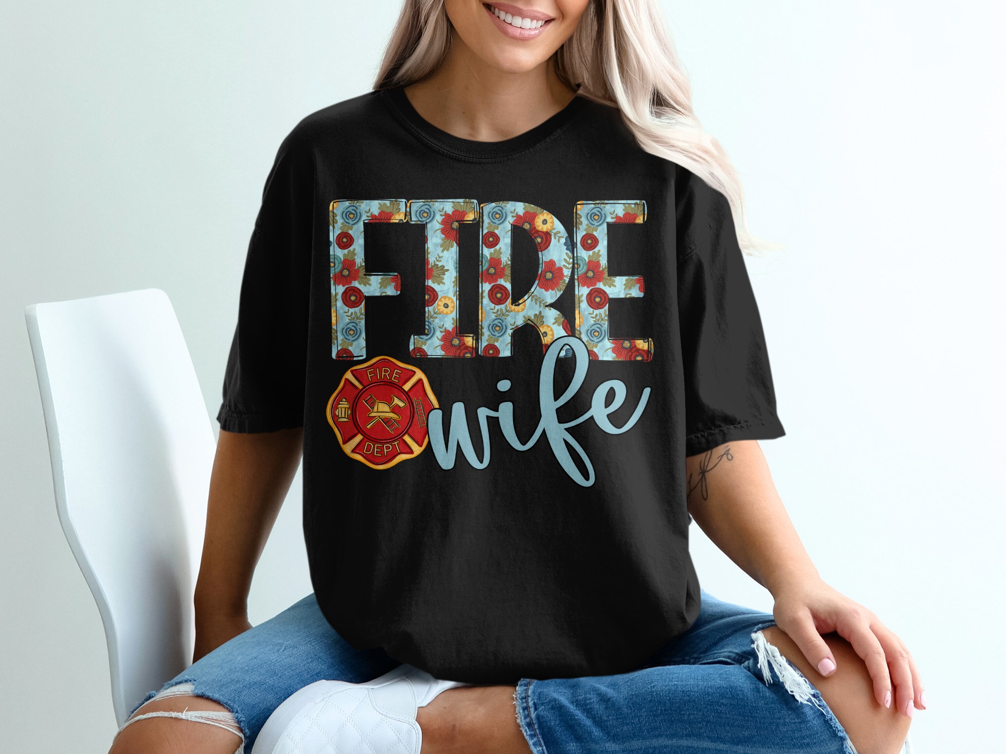 Fire Wife T-Shirt, Floral Design, Fire Department, Supportive Wife Tee, Gift for Firefighter Wife, Wife Appreciation Shirt - Image 2