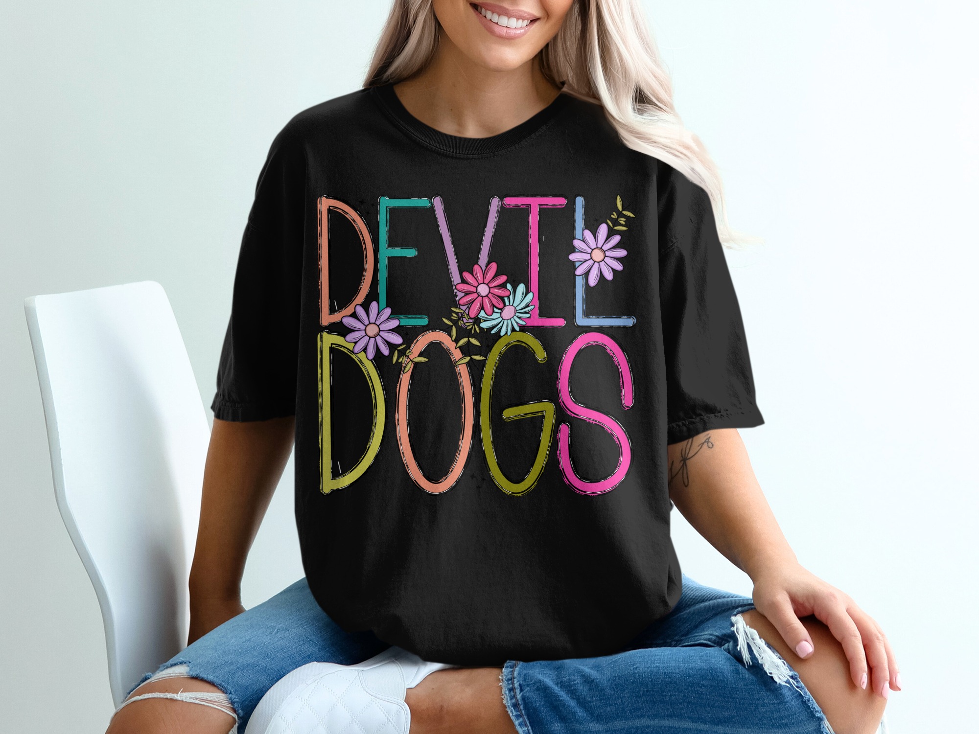 Devil Dogs T-Shirt, Floral Dogs Tee, Colorful Dogs T-Shirt, Trendy Graphic T-Shirt, Cute Animal Shirt, Pet Lover Gift - Image 2