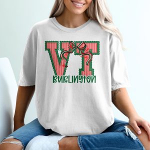 PERSONALIZED VT Burlington T-Shirt, Vermont Christmas Holiday Tee, Applique Style State City Shirt, Festive Bow Design, Unique Souvenir