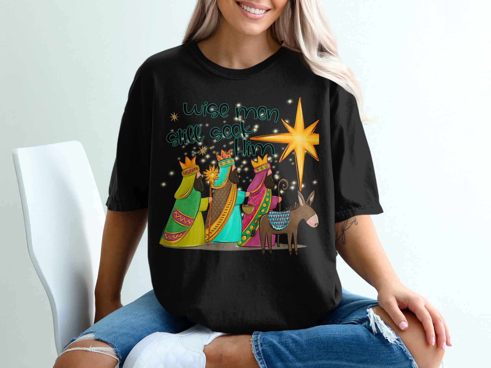 Wise Men Still Seek Him, Christmas T-Shirt, Three Kings Nativity Star, Christian Holiday Apparel, Xmas Tee, Gift for Christmas - Image 2