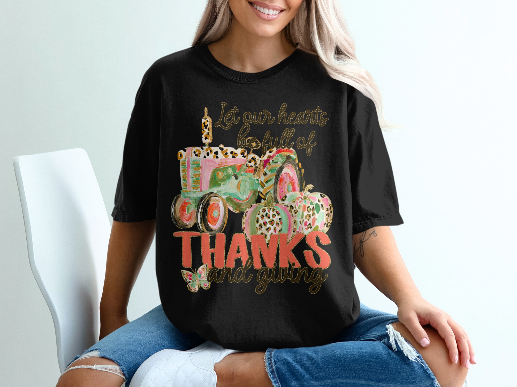 Thanks and Giving T-Shirt, Tractor Pumpkin Fall T-Shirt, Thanksgiving Shirt, Autumn T Shirt, Holiday Gift T-Shirt - Image 2