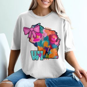 Wisconsin T-Shirt, Floral WI, State Pride Tee, Pink Bow Shirt, WI Souvenir, Colorful State, Gift for Wisconsinite, Home State Shirt