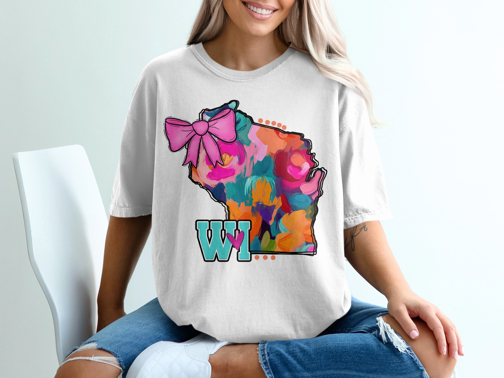 Wisconsin T-Shirt, Floral WI, State Pride Tee, Pink Bow Shirt, WI Souvenir, Colorful State, Gift for Wisconsinite, Home State Shirt