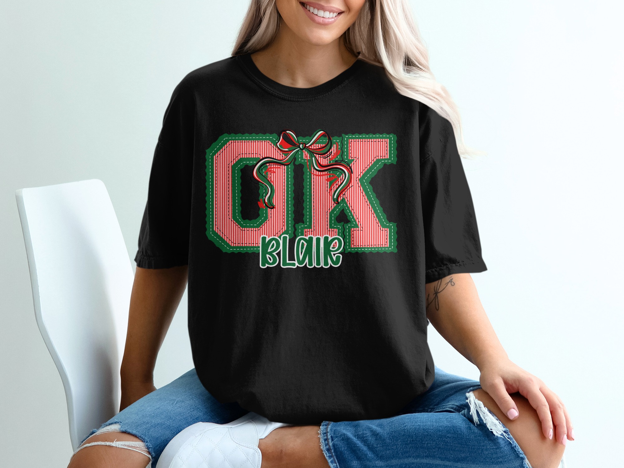 PERSONALIZED OK Blair Christmas T-Shirt, Applique Style Holiday Gift Tee, Striped Letters, Festive Bow Design - Image 2
