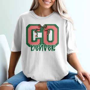 PERSONALIZED Colorado Denver T-Shirt, Denver Sports Fan Tee, Stitched Look Applique Style, Green Red Bow Design, Game Day Apparel Gift