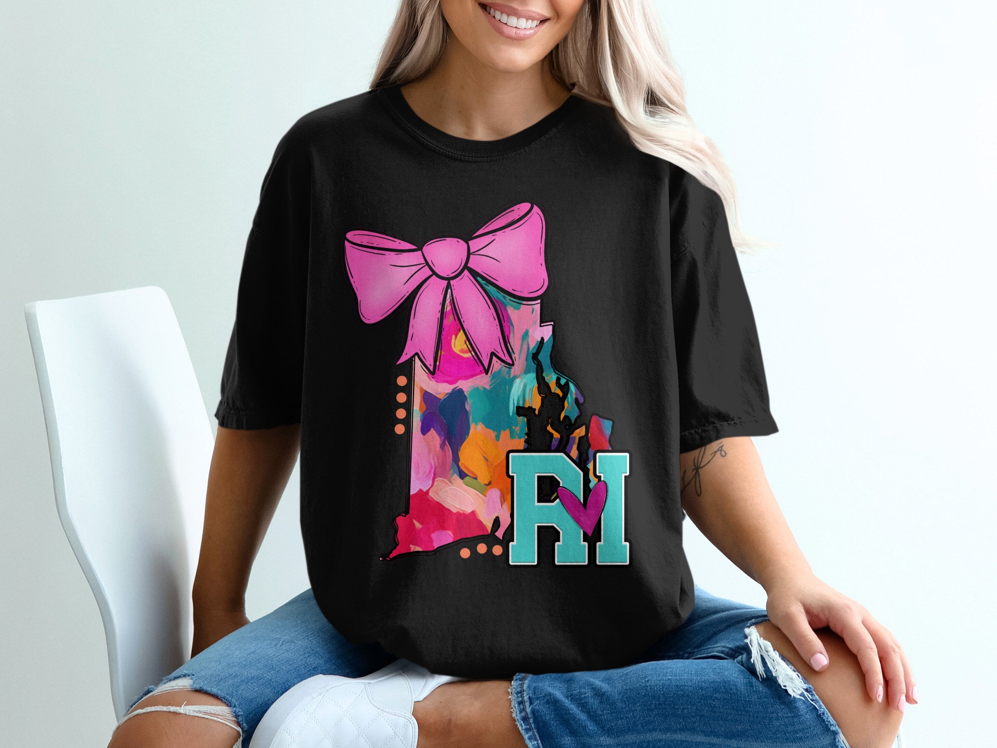 Rhode Island T-Shirt, RI State Art, Colorful State Pride, Pink Bow Design, Unique RI Shirt, USA State Gift, Graphic Tee - Image 2