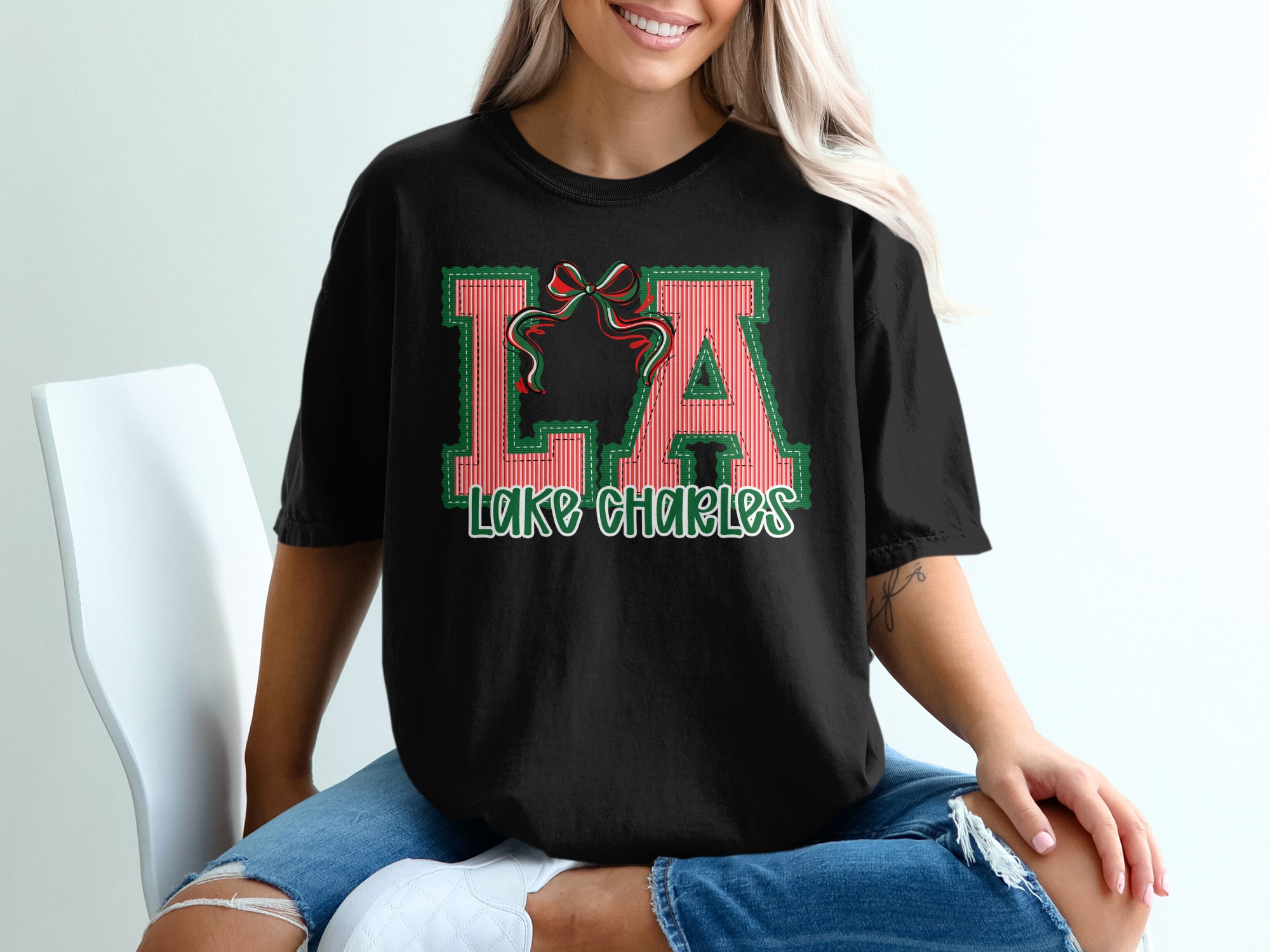 PERSONALIZED LA Lake Charles T-Shirt, Louisiana Christmas Tee, Festive Holiday Outfit, Striped Bow Design Top, Xmas Vacation Souvenir - Image 2