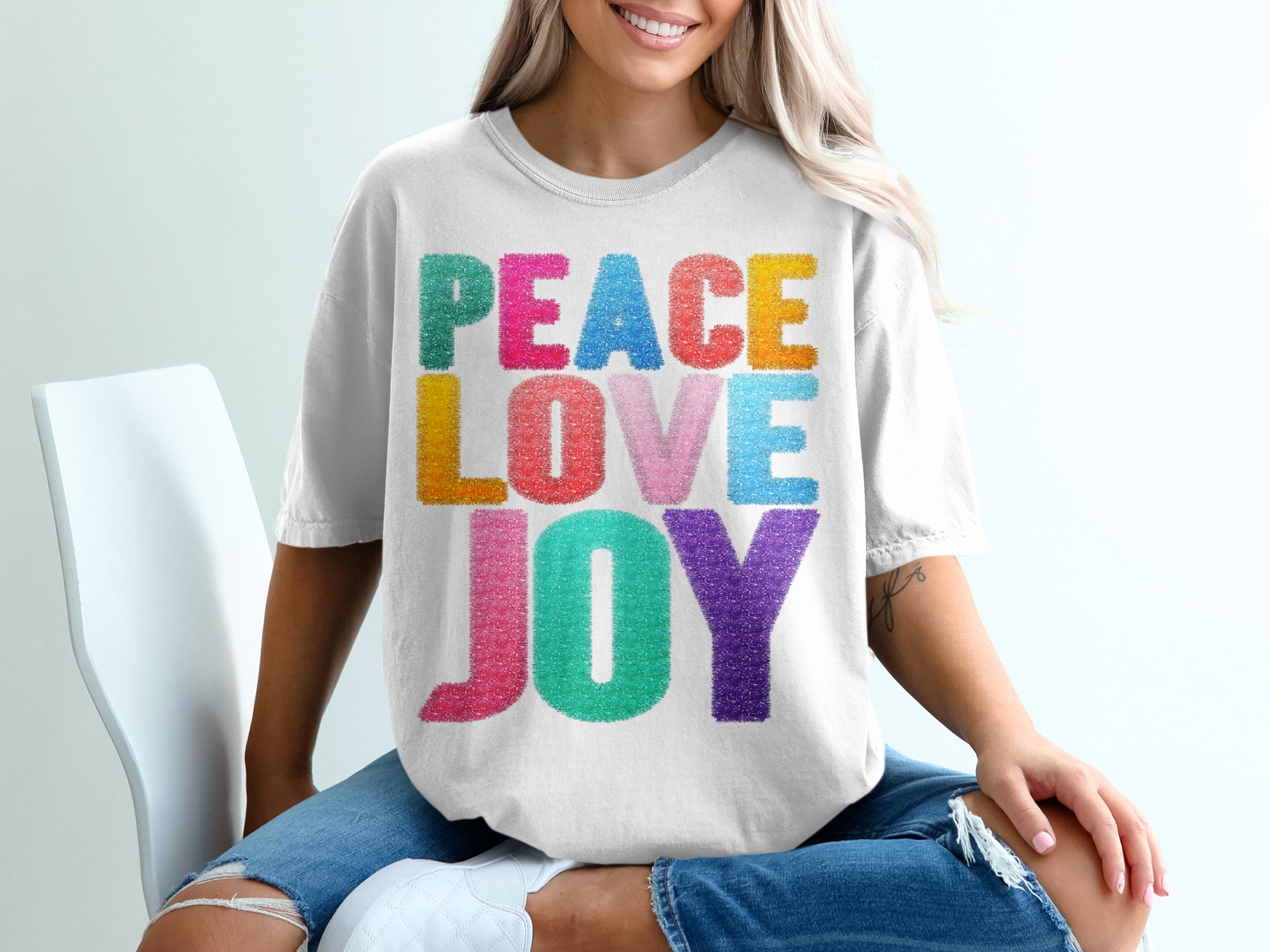 Peace Love Joy T-Shirt, Positive Vibes, Colorful Graphic Tee, Inspirational Shirt, Good Vibes T-Shirt, Gift Idea for Her, Uplifting Design