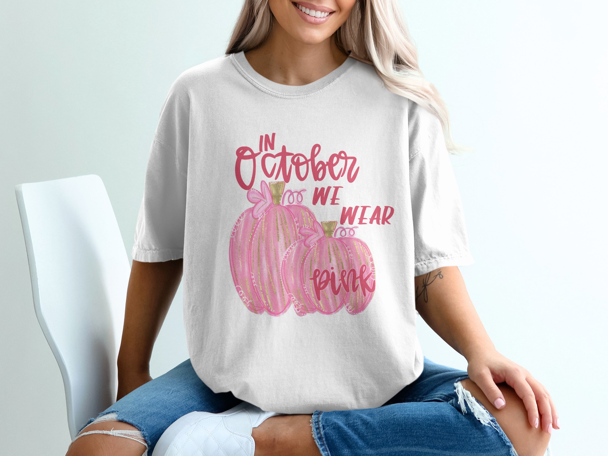 In October We Wear Pink T Shirt, Pink Pumpkin T Shirt, Breast Cancer Awareness, Fall Graphic Tee, October T Shirt, Pink Awareness