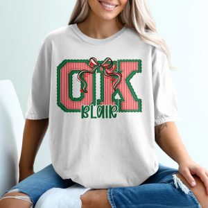 PERSONALIZED OK Blair Christmas T-Shirt, Applique Style Holiday Gift Tee, Striped Letters, Festive Bow Design