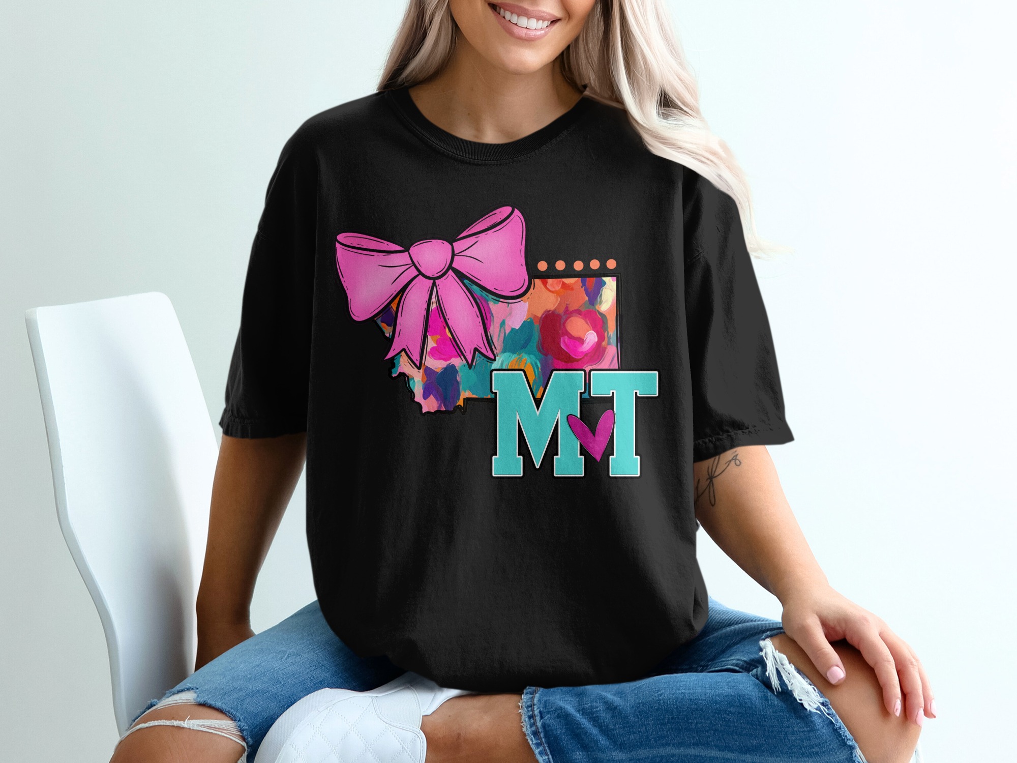 Montana State T-Shirt, Floral MT State, Bow, Montana Lover Shirt, USA State Tee, Montana Pride, Gift for Montana Natives - Image 2