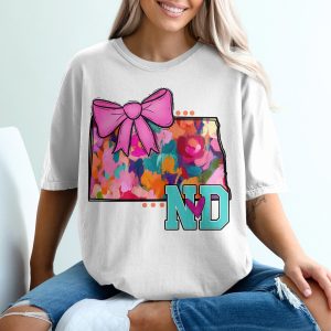 North Dakota T-Shirt, ND State Pride Tee, Pink Bow Shirt, Abstract Art Shirt, Colorful ND Gift, North Dakota Souvenir, State Love Shirt