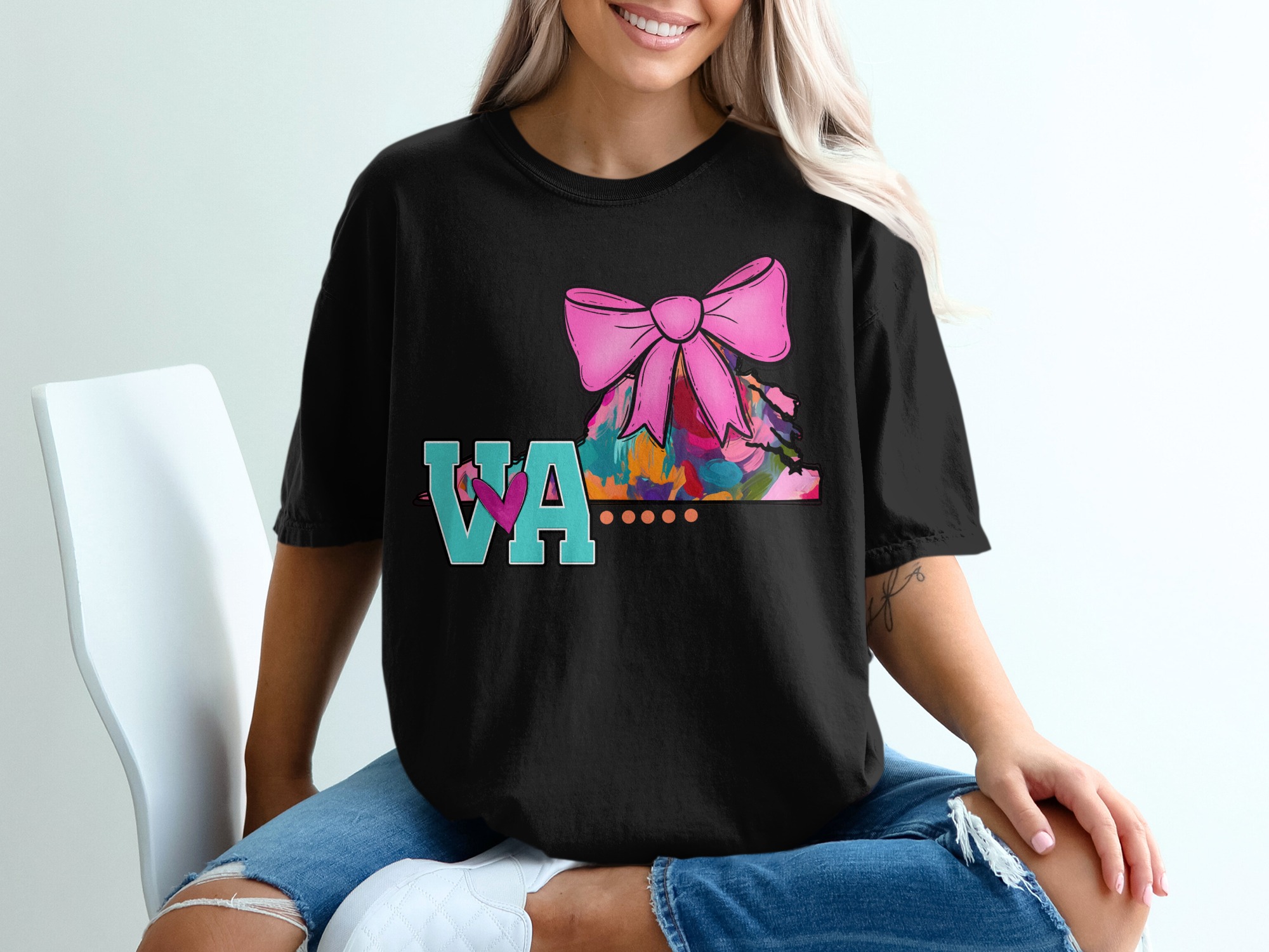 Virginia State T-Shirt, VA with Pink Bow, Colorful State Pride, Gift for Virginians, Cute State Graphic Tee, Hometown Shirt - Image 2