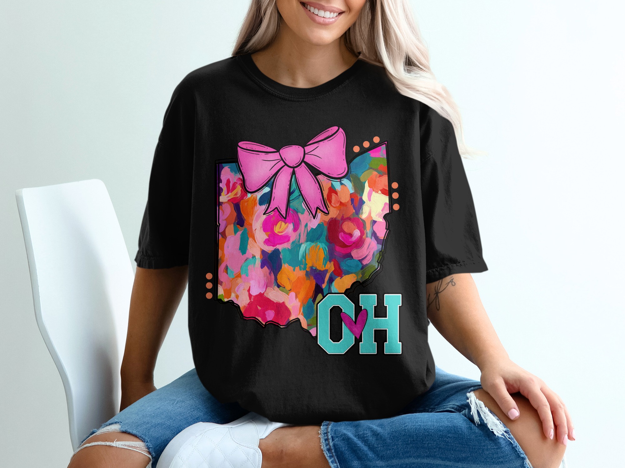 Ohio State Pride T-Shirt, Floral Design, Pink Bow, OH Love, USA State Tee, Souvenir Gift, Trending T Shirt - Image 2