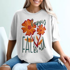 Happy Fall Yall T-Shirt, Autumn Flowers Tee, Thanksgiving Shirt, Seasonal Shirt, Floral Design Shirt, Gift for Fall Lovers