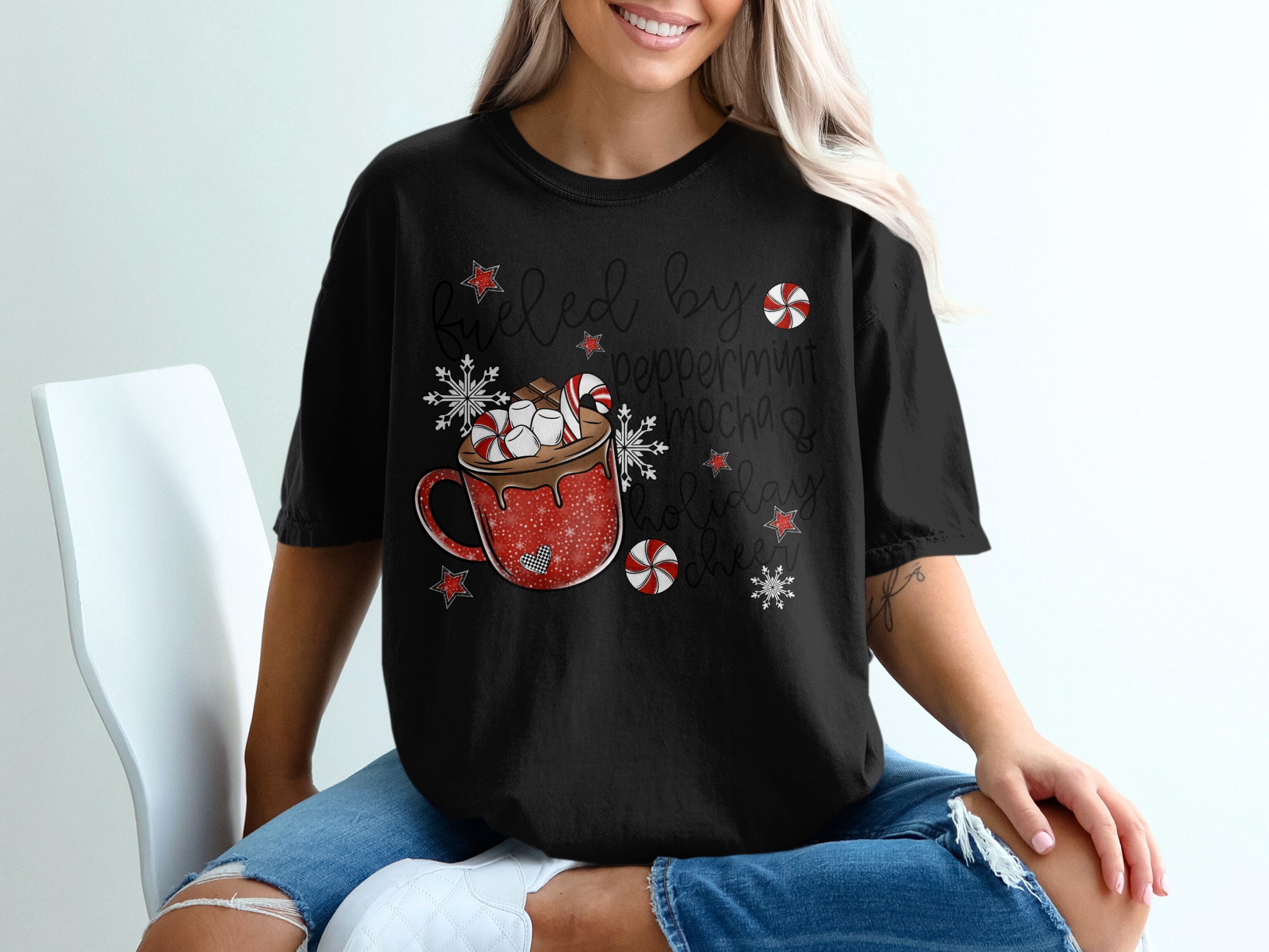 Fueled by Peppermint Mocha T-Shirt, Holiday Cheer Shirt, Christmas T-Shirt, Festive T-Shirt, Winter T-Shirt, Gift for Her, Coffee Lover - Image 2