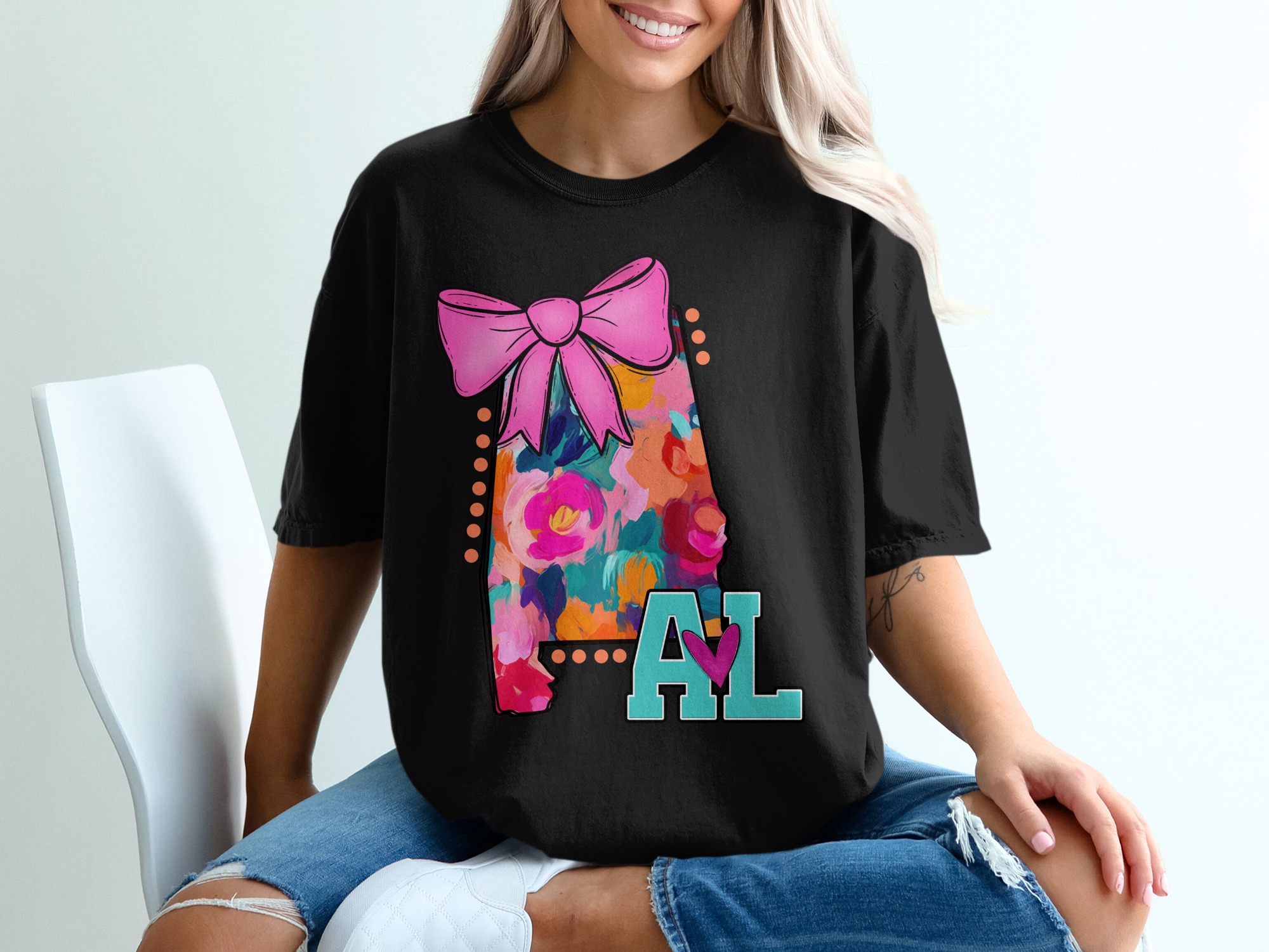 Alabama T-Shirt, Floral State Art, Bow Design Shirt, Southern Pride Tee, Alabama Gift Idea, State Pride Shirt, Colorful Alabama Shirt - Image 2