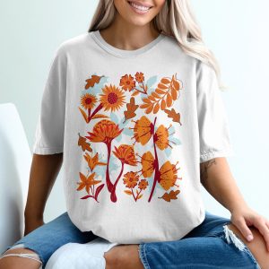 Floral T-Shirt, Fall Flower Tee, Autumn Leaves Shirt, Botanical Print Shirt, Thanksgiving Gift Tee, Harvest Season, Nature Lover T-Shirt