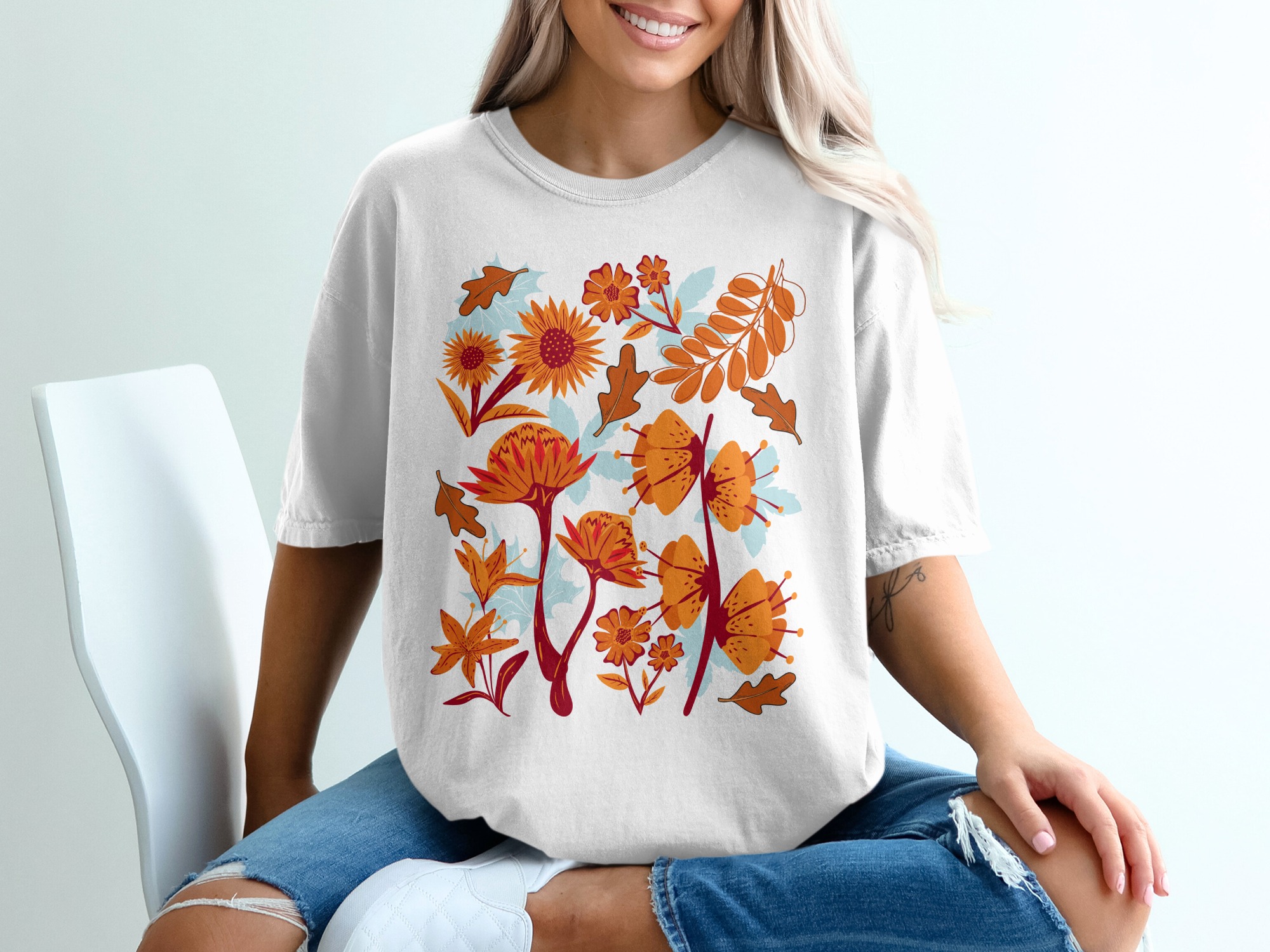 Floral T-Shirt, Fall Flower Tee, Autumn Leaves Shirt, Botanical Print Shirt, Thanksgiving Gift Tee, Harvest Season, Nature Lover T-Shirt