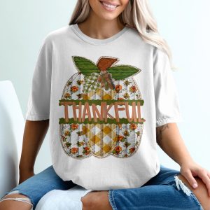 Thankful Pumpkin T Shirt, Autumn Harvest Tee, Fall Season Thanksgiving Clothing, Decorative Patchwork Design