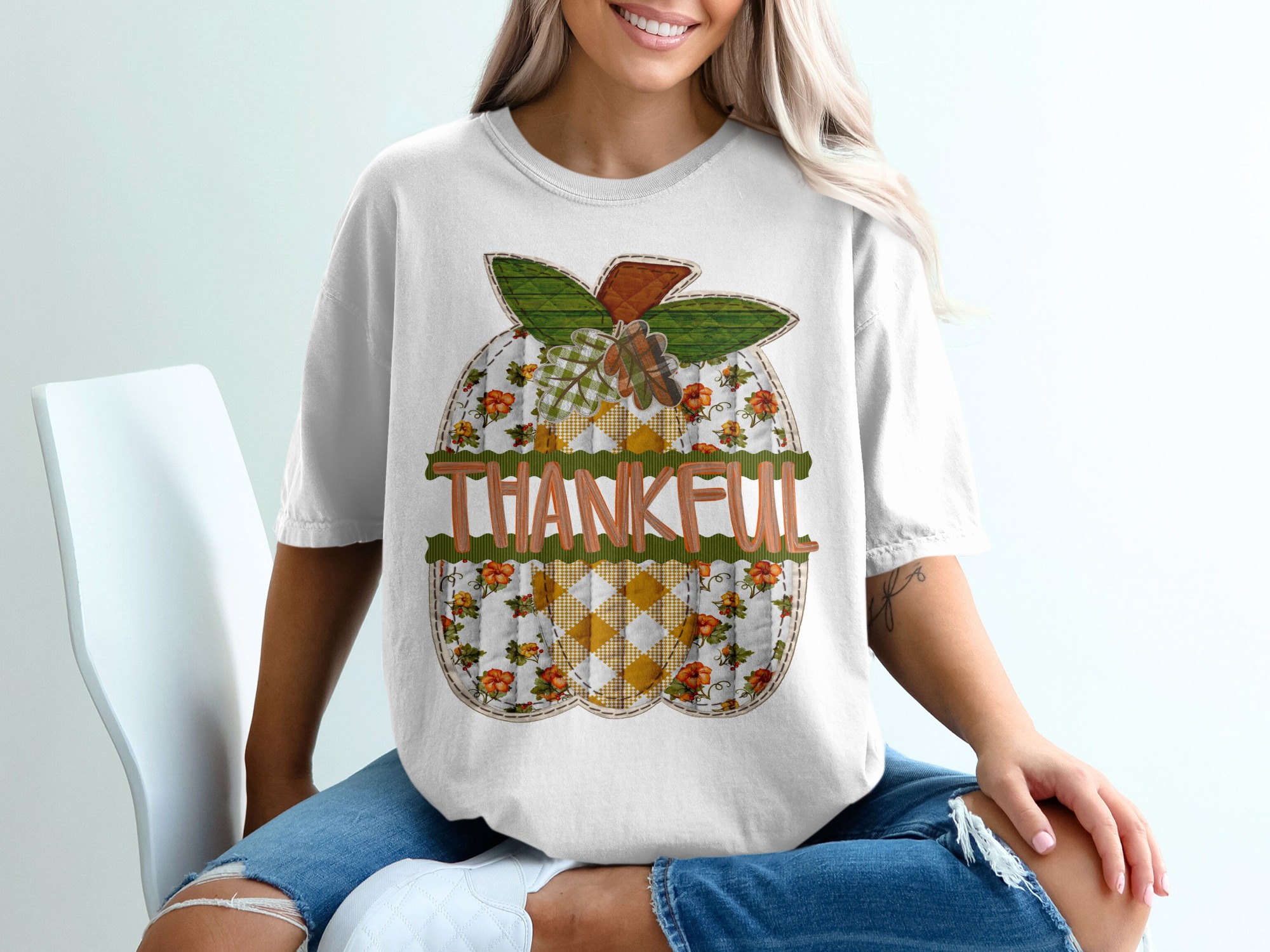 Thankful Pumpkin T Shirt, Autumn Harvest Tee, Fall Season Thanksgiving Clothing, Decorative Patchwork Design