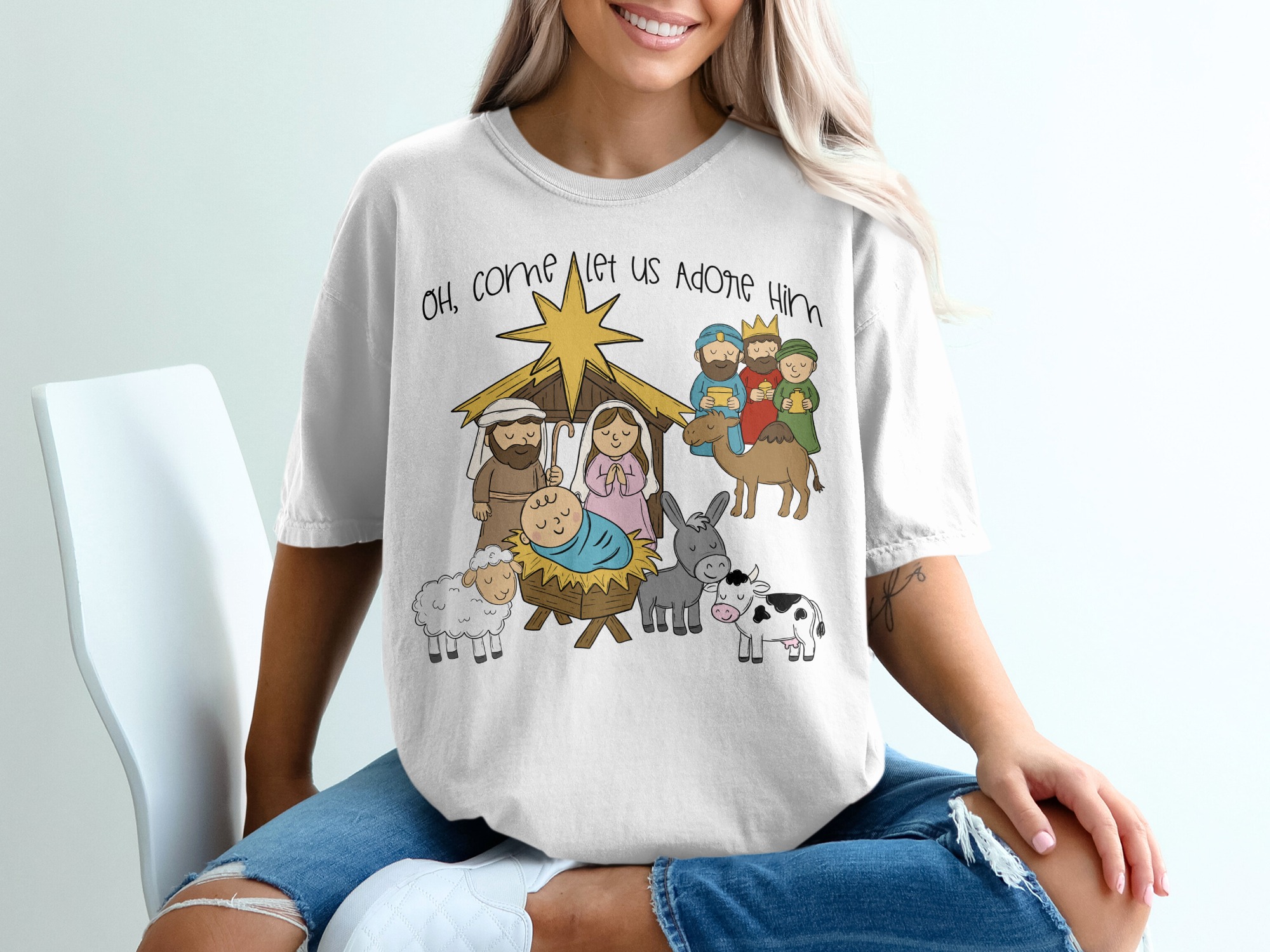 Oh Come Let Us Adore Him T-Shirt, Nativity Scene Tee, Christmas T Shirt, Holiday Shirt, Religious Tee, Baby Jesus Shirt, Cute Christmas