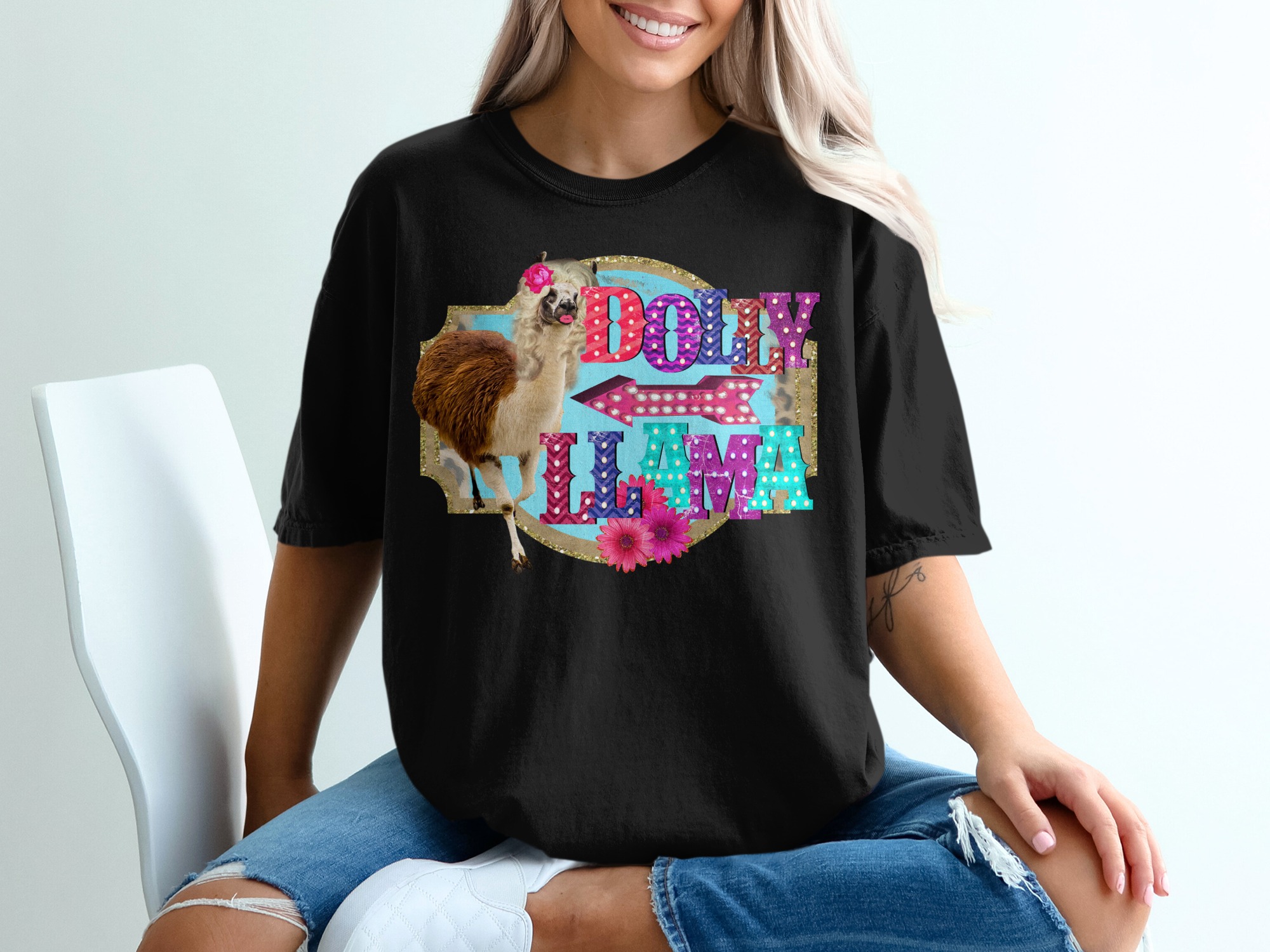 Dolly Llama T-Shirt, Funny Animal Shirt, Cute Llama Tee, Humor T-Shirt, Gift Idea, Unique Design, Quirky Shirt, Novelty T-Shirt - Image 2
