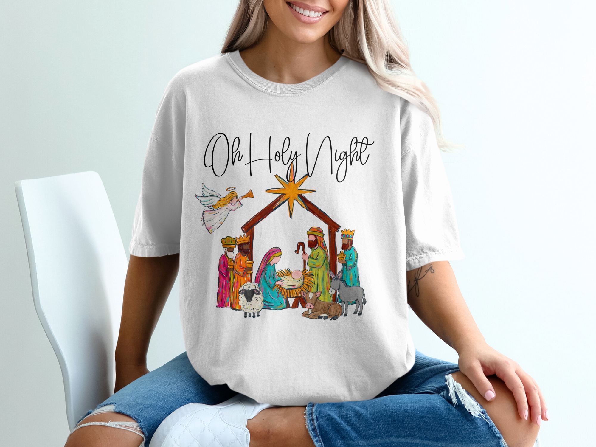 Oh Holy Night T-Shirt, Nativity Scene, Christmas Gift Tee, Religious Christmas TShirt, Christmas Nativity, Angel T-Shirt, Christian Shirt