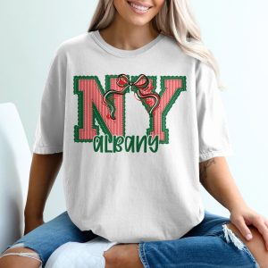 PERSONALIZED NY Albany Patch Applique Style T-Shirt, New York Capital City Tee, Collegiate Gift, Holiday Bow Design, Custom State Souvenir