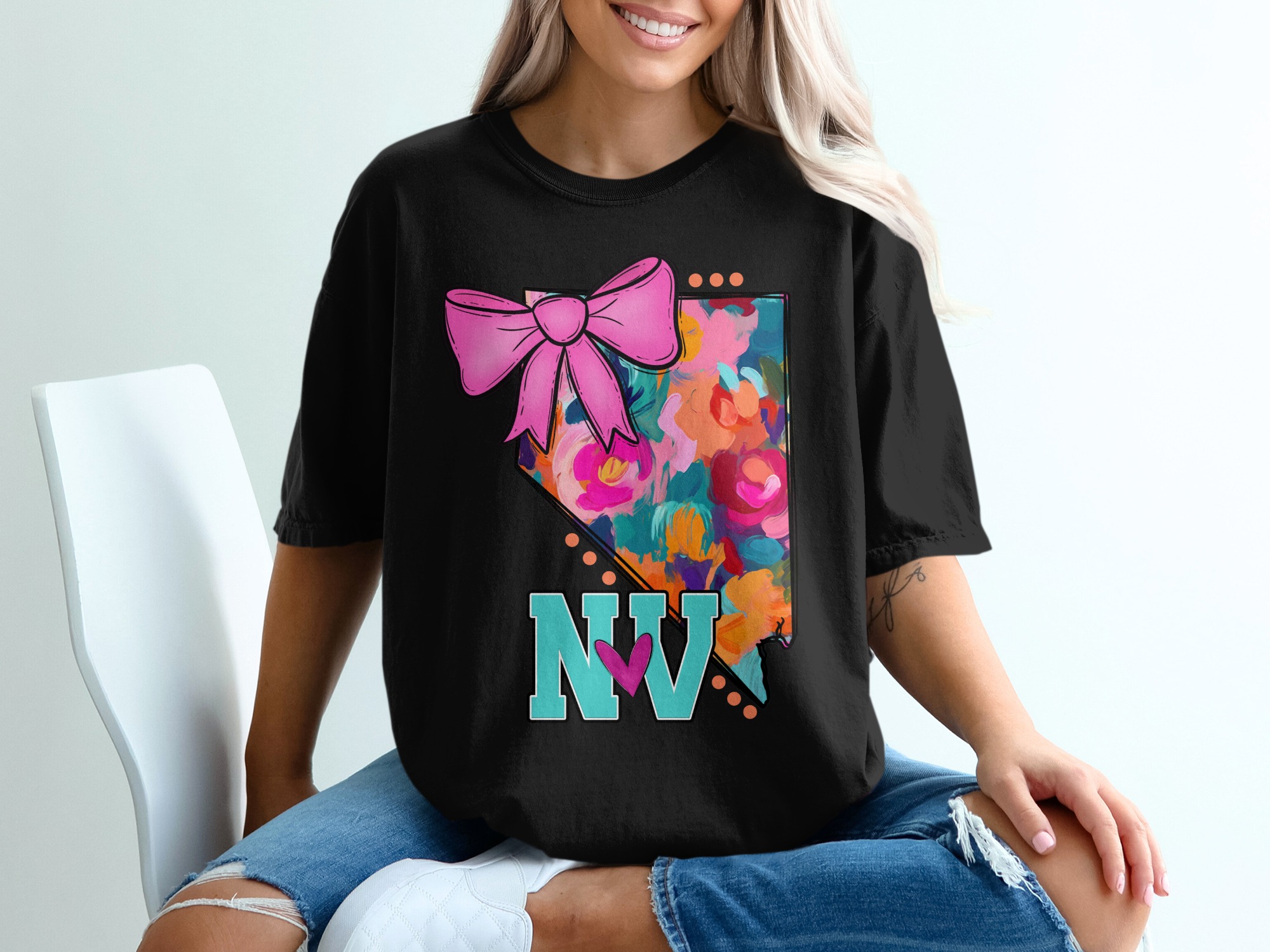 Nevada Flower T-Shirt, NV Bow Shirt, State Pride Shirt, Floral Design Tee, Gift for Nevada Lover, Home State Tee, Travel Souvenir - Image 2