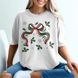Festive Christmas Bow T-Shirt, Holiday Holly Design Shirt, Winter Snowflake Tee, Seasonal Apparel, Gift Idea