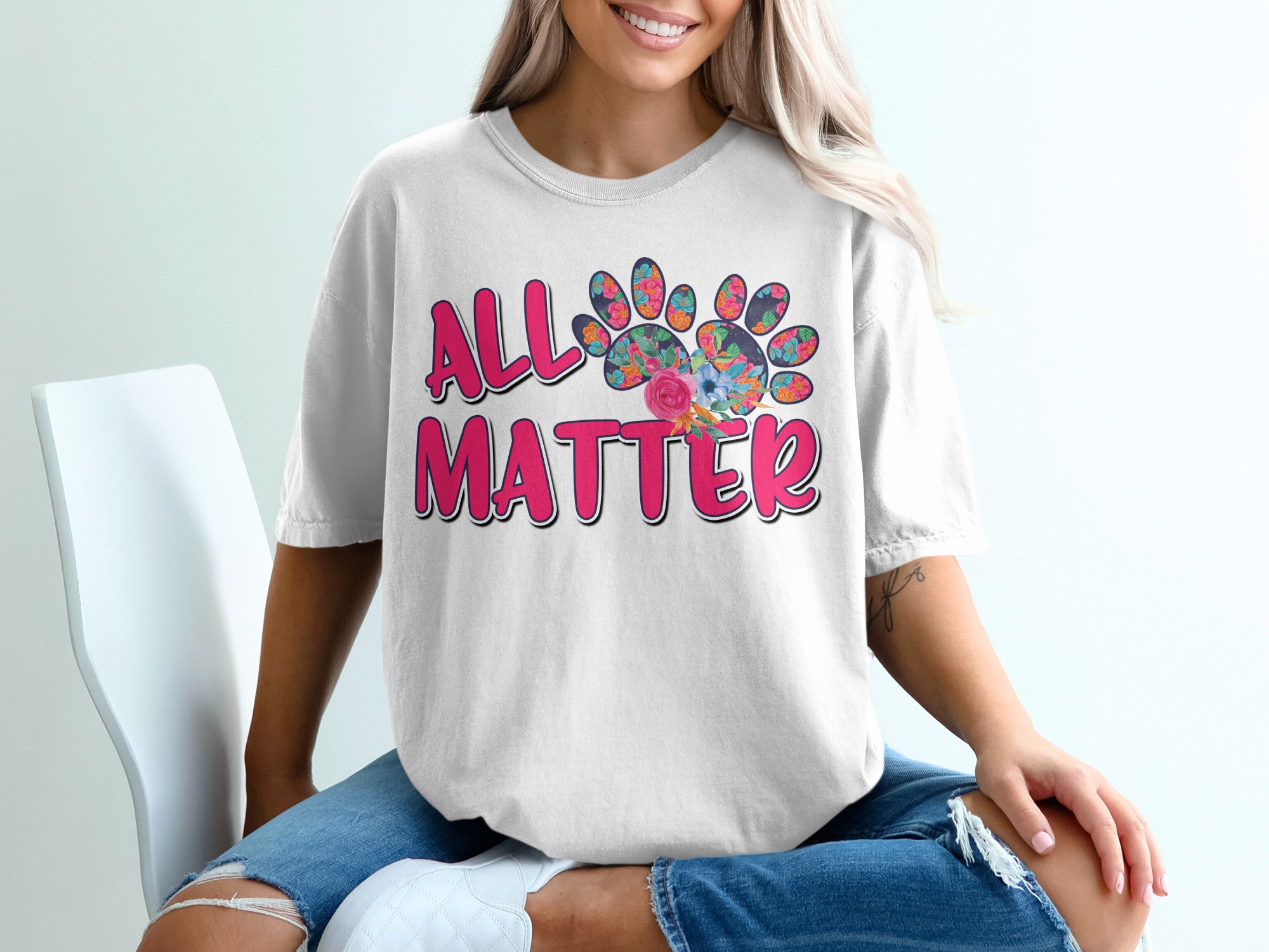 All Matter Floral Paw Print T Shirt, Dog Lover Gift Tee, Equality Shirt, Animal Rescue Tee, Dog Rescue Shirt, Paw Pride Tee