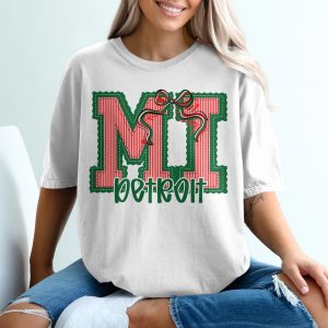 PERSONALIZED Michigan Detroit T-Shirt, Custom MI Applique Tee, Festive Christmas City Pride Top, Holiday Striped Bow Shirt, Unique Quilted