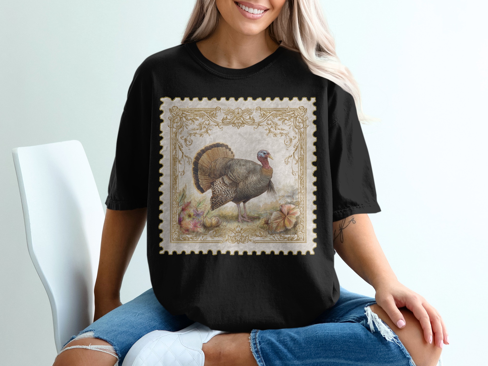 Vintage Turkey Stamp T-Shirt, Ornamental Design, Thanksgiving Apparel, Classic Bird Tee, Elegant Style, Detailed Artwork Shirt - Image 2