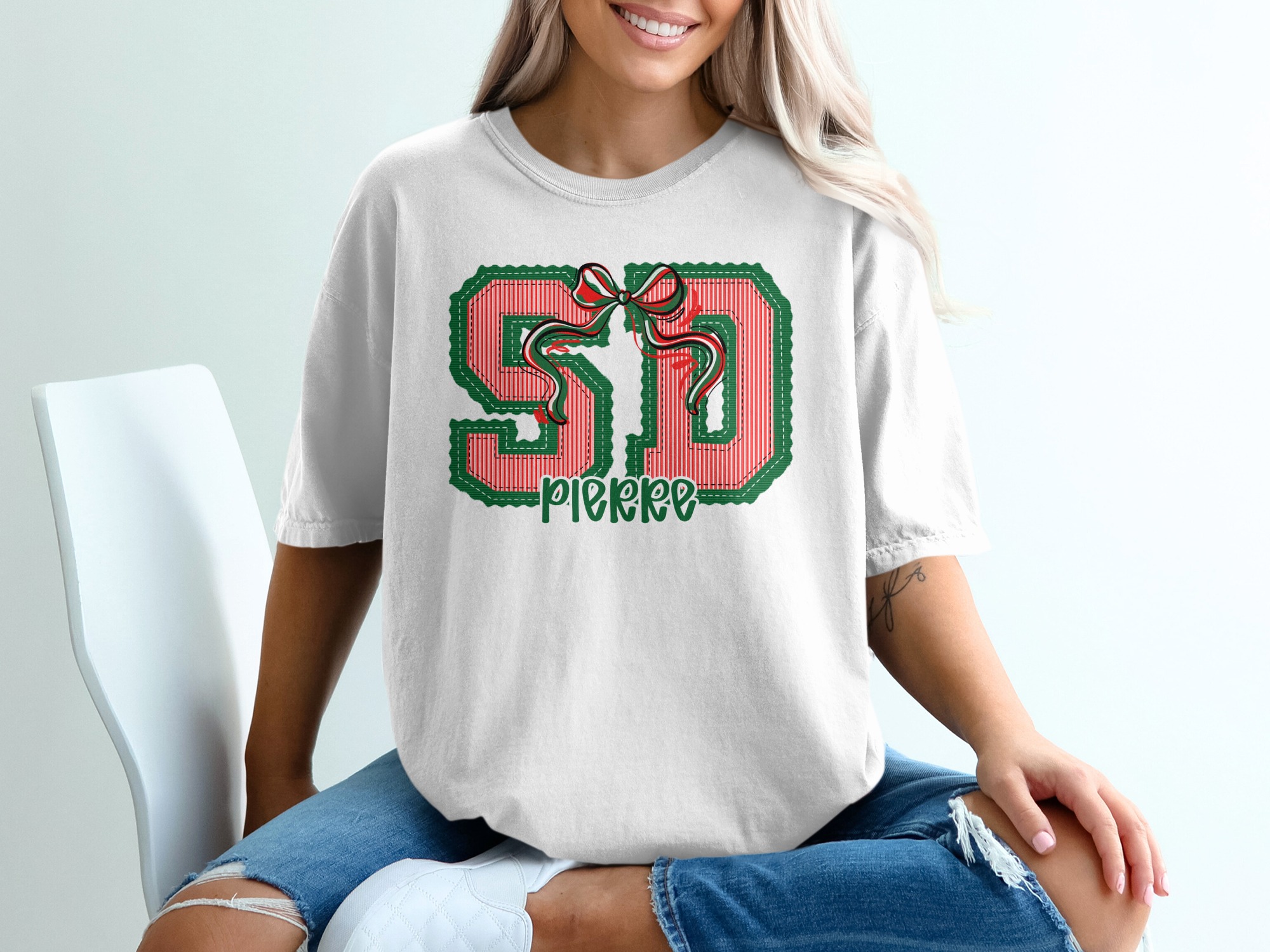 PERSONALIZED South Dakota Small Town T-Shirt, Pierre Christmas Gift Tee, Festive Christmas Celebration Shirt, Seersucker