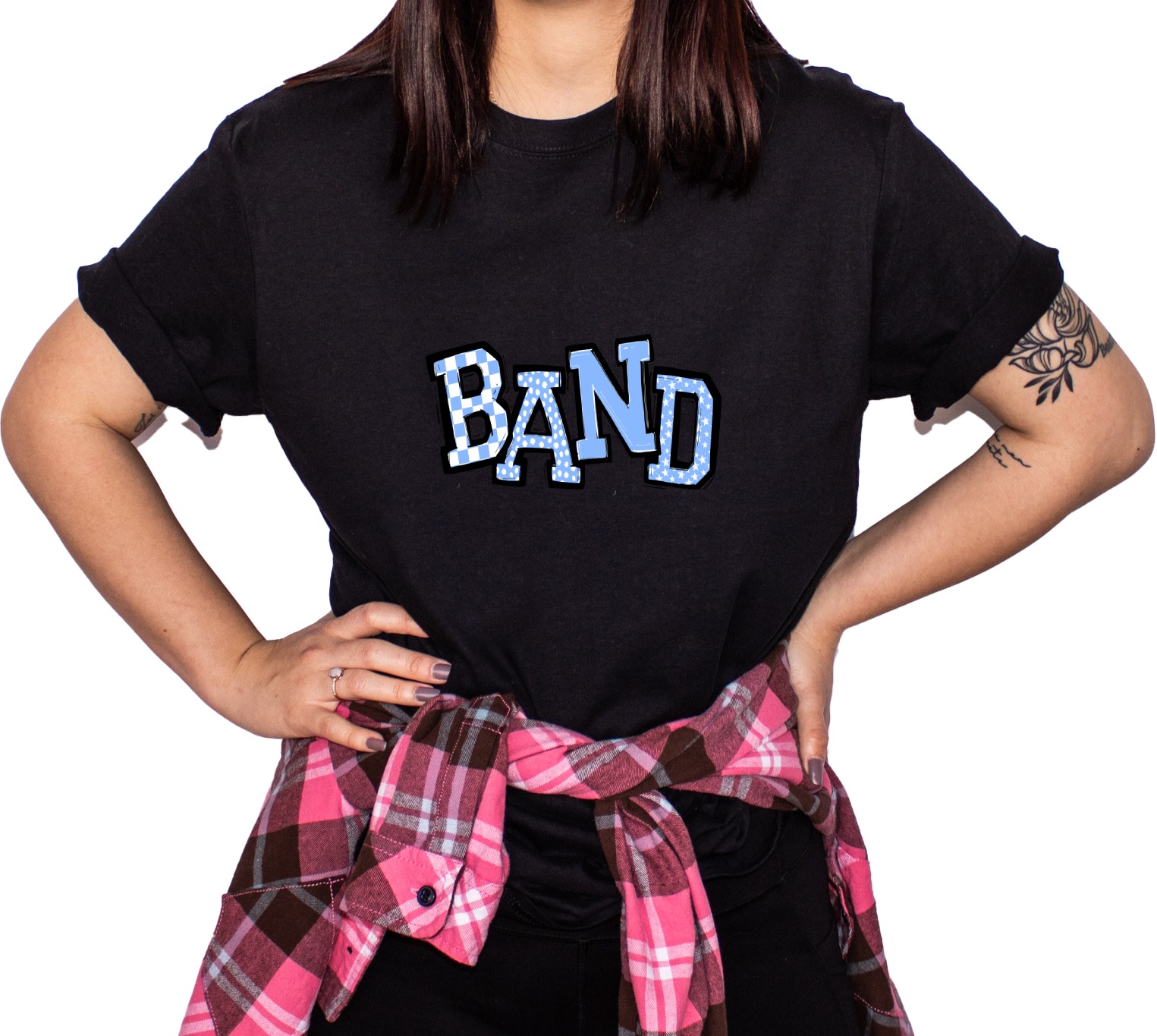Band T-Shirt, Blue Checkered, Polka Dot and Star Design, Graphic Tee, Band Mom Shirt, Unique T-Shirt Gift, Trendy T-Shirt - Image 4