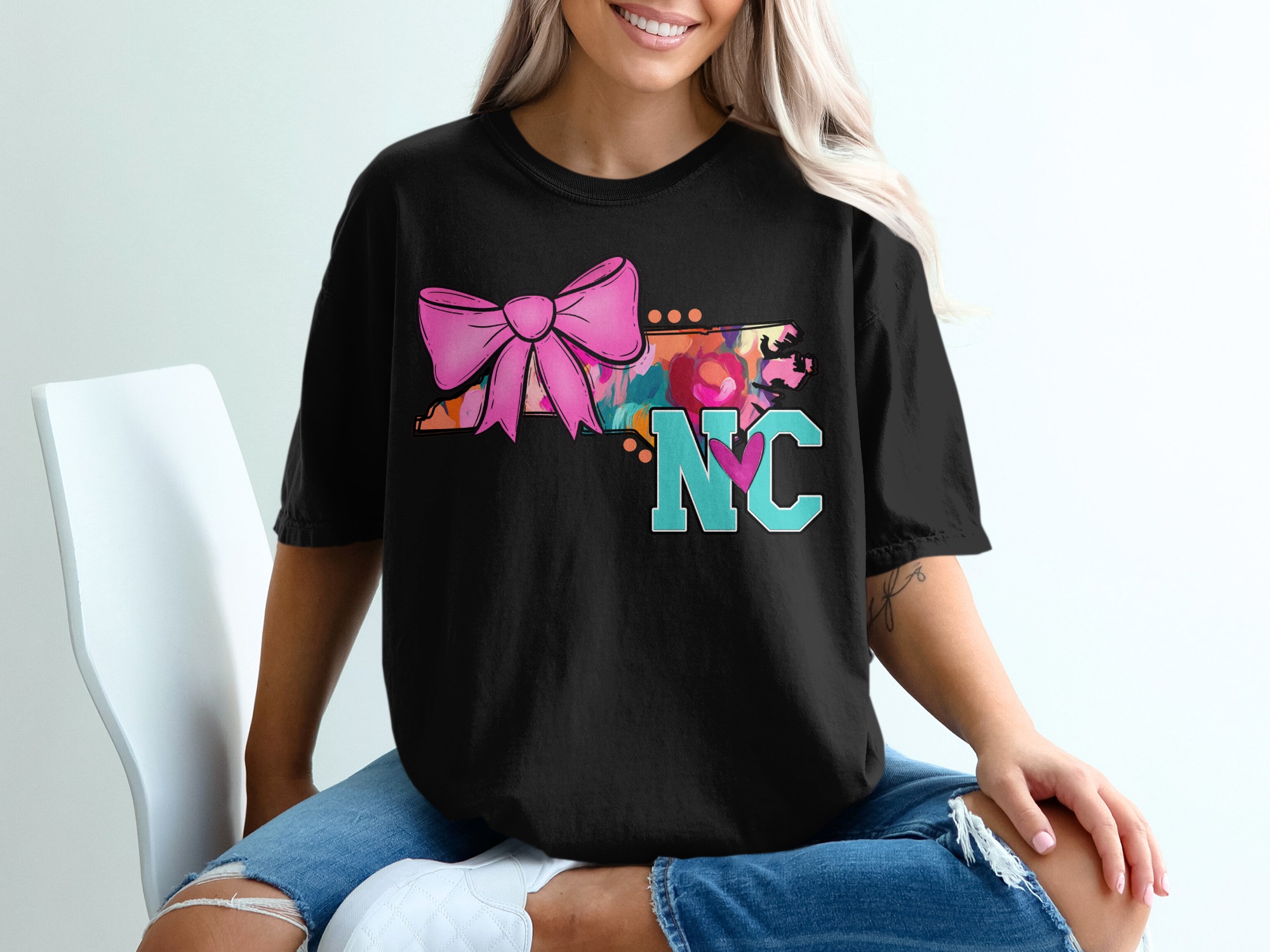 NC T-Shirt, North Carolina T-Shirt, State Pride Shirt, Bow T-Shirt, Heart NC Shirt, Colorful NC Shirt, Southern Pride Shirt, Gift T-Shirt - Image 2