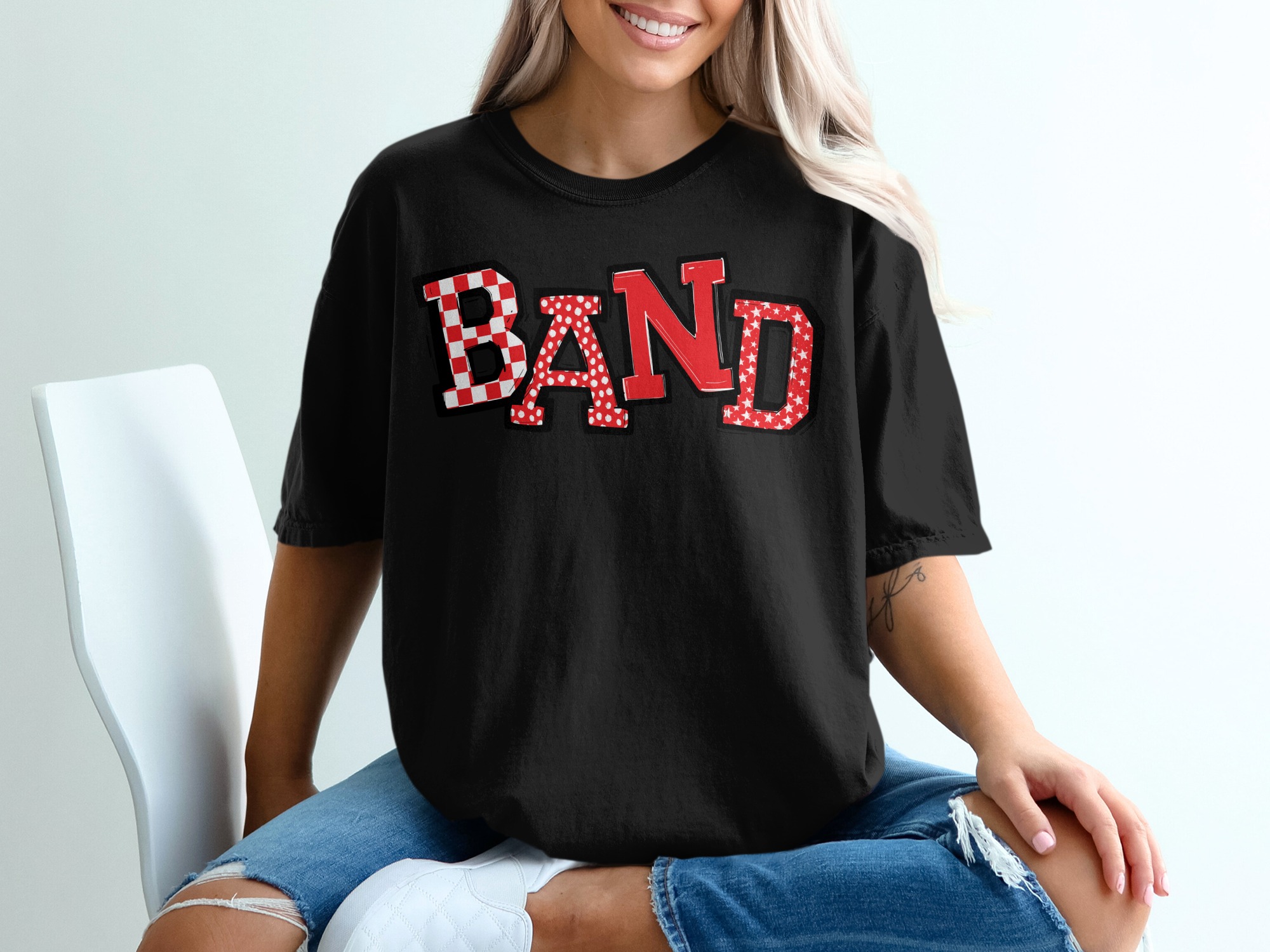 Band T-Shirt, Music Lover Tee, Stylish Graphic Tee, Concert Shirt, Band Fan Gift, Red White Design, Checkered, Stars, Gift For Musicians - Image 2