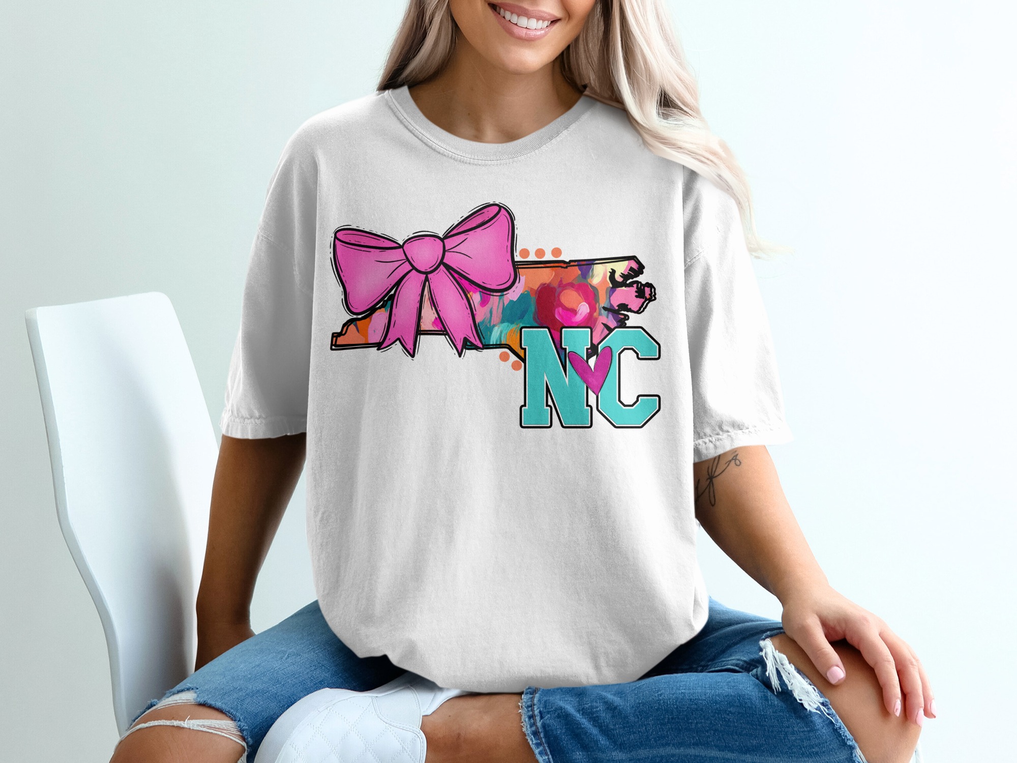 NC T-Shirt, North Carolina T-Shirt, State Pride Shirt, Bow T-Shirt, Heart NC Shirt, Colorful NC Shirt, Southern Pride Shirt, Gift T-Shirt