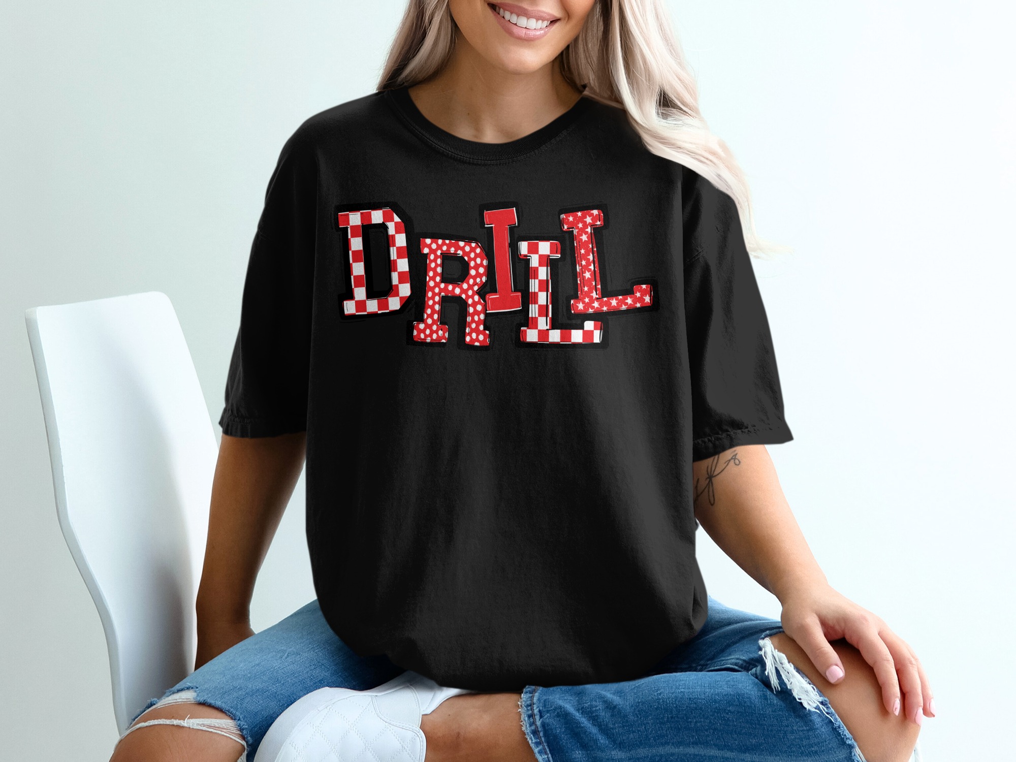 Drill T-Shirt, Unique Design, Trendy Tee, Stylish Shirt, Gift Idea, Fashion T Shirt, Comfortable T Shirt, Red and White Letters, Party Wear - Image 2