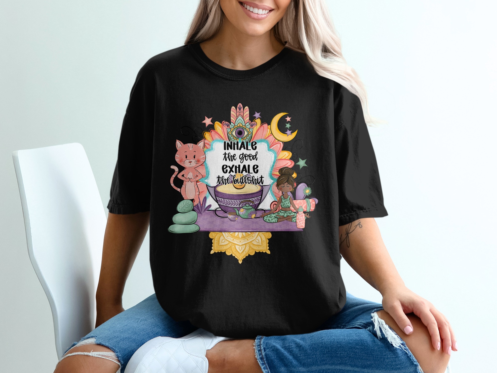 Inhale Exhale T-Shirt, Funny Yoga T-Shirt, Cat Yoga T-Shirt, Meditation Shirt, Spiritual T-Shirt, Hamsa, Zen Gift, Relaxing T-Shirt - Image 2