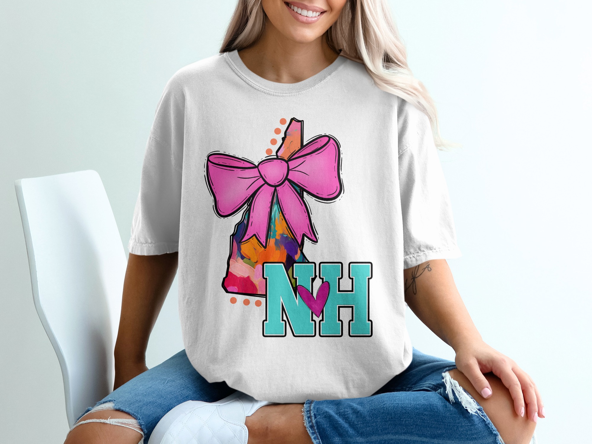 New Hampshire T-Shirt, Colorful NH State, Pink Bow, NH Heart Tee, State Pride, Trendy T-Shirt, Souvenir T-Shirt, Vacation T-Shirt