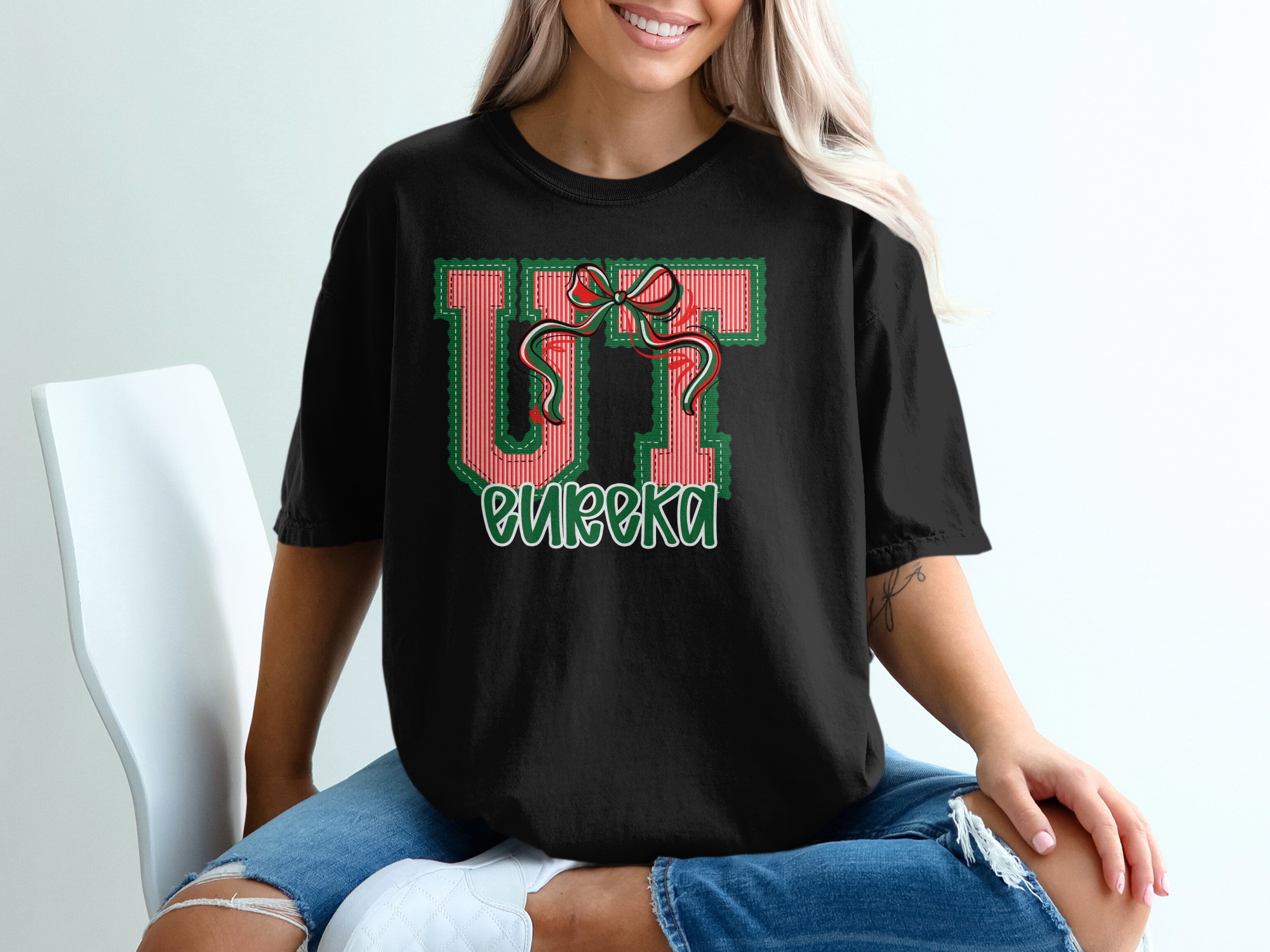 PERSONALIZED Utah Eureka Christmas T-Shirt, Festive Red Green Bow Applique Tee, Holiday Stitched Collegiate Style Top, Unique Gift Idea - Image 2