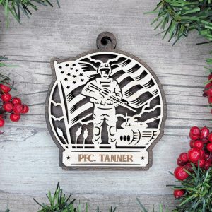 Custom Military Ornament, Armed Forces, Soldier with Flag, Personalized Name, Unique Gift, Veteran Appreciation, Tank, Christmas Ornament