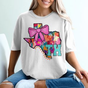 Texas State T-Shirt, Texas Pride, Floral TX with Pink Bow, Texas Heart, Southern Gift, Trendy Tee, Vibrant Colors, Cute Texas Shirt
