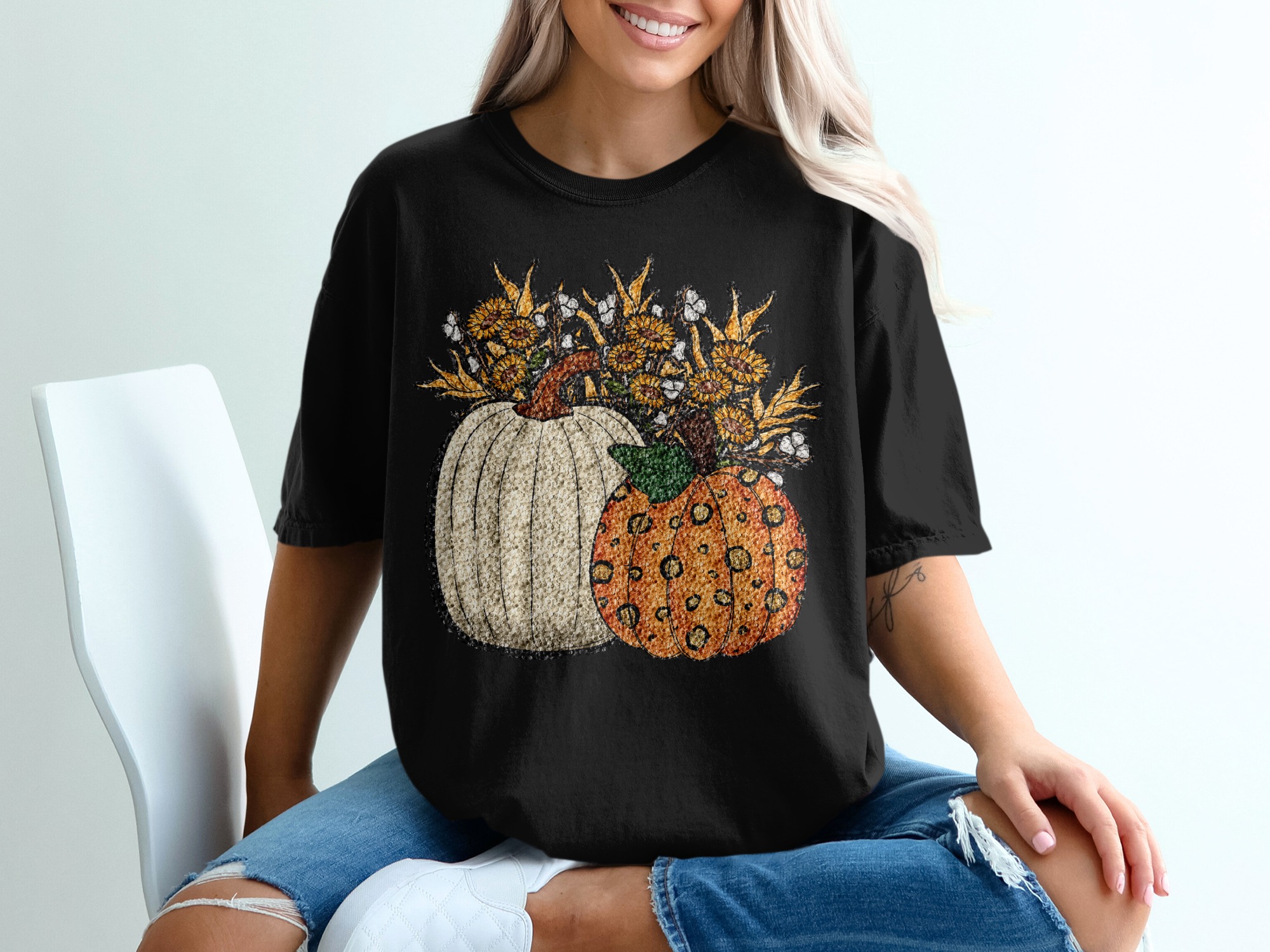 Pumpkin Sunflower T-Shirt, Fall Harvest Tee, Autumn Graphic Shirt, Thanksgiving Apparel, Holiday Top, Floral Pumpkins, Cute Pumpkin Shirt - Image 2